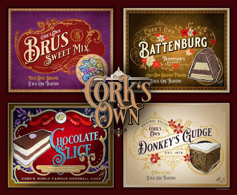Cork's own four favourite treats are gathered together in this montage print. Included are Brus Sweet Mix, Chocolate Battenburg, A Chocolate Slice and the world famous Donkey's Gudge.